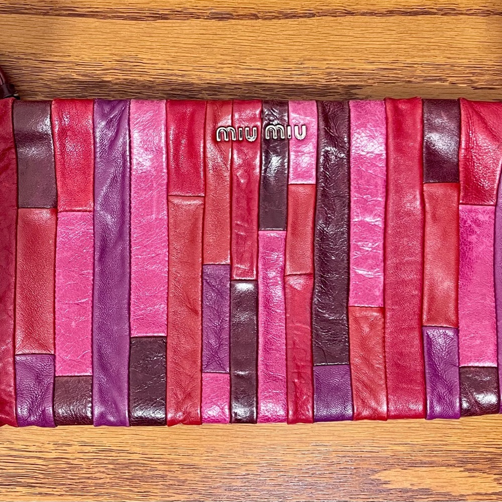 Miu Miu Pink Red and Purple Leather Patchwork Clutch